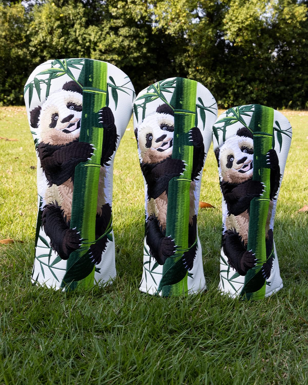 3pcs Panda Style Golf Head Covers, YXFSG Golf Club Covers Funny for Drivers, Fairway Woods, Hybrids, Mallet Blade Putter Golf Headcovers with Advanced Embroidery Soft Lined PU Leather for Most Brands