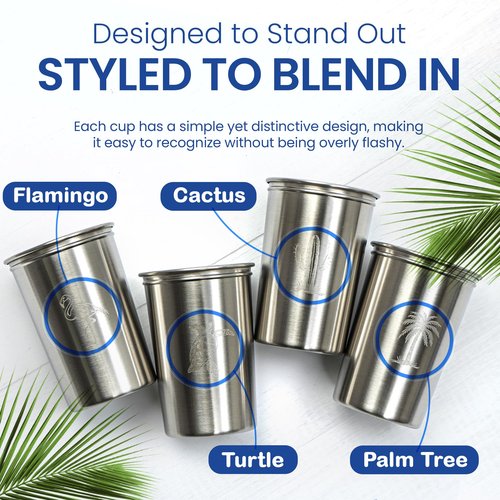 bzyoo 5-Piece Nesting Camping Cups Set - 9oz Stackable Stainless Steel Mugs with Patterned Designs & Integrated Carry Hook, Space-Saving Portable Outdoor Mess Kit for Family Hiking, Backpacking & RV