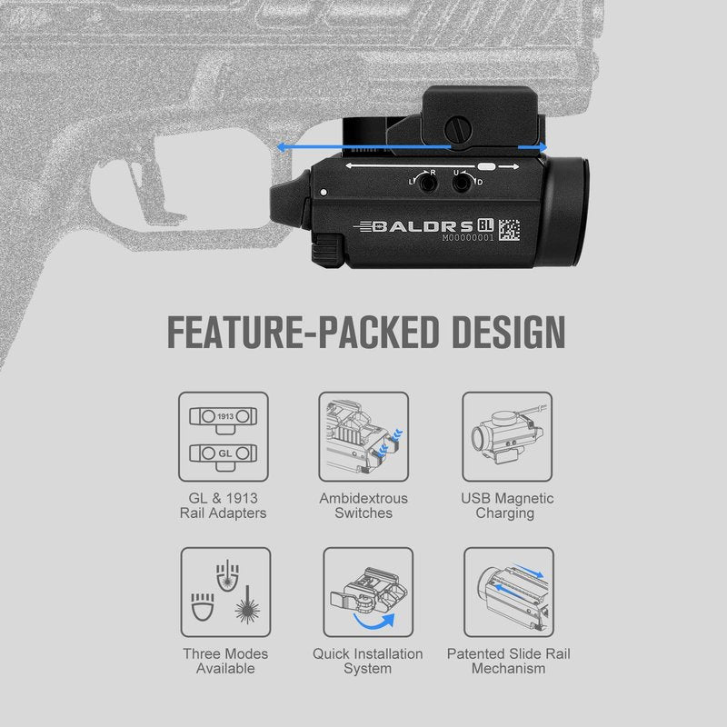 OLIGHT Baldr S Blue Beam 800 Lumens Magnetic USB Rechargeable Tactical Flashlight with White LED Combo, Compact Rail Mounted Light with 1913 or GL Rail, Battery Included (Black)