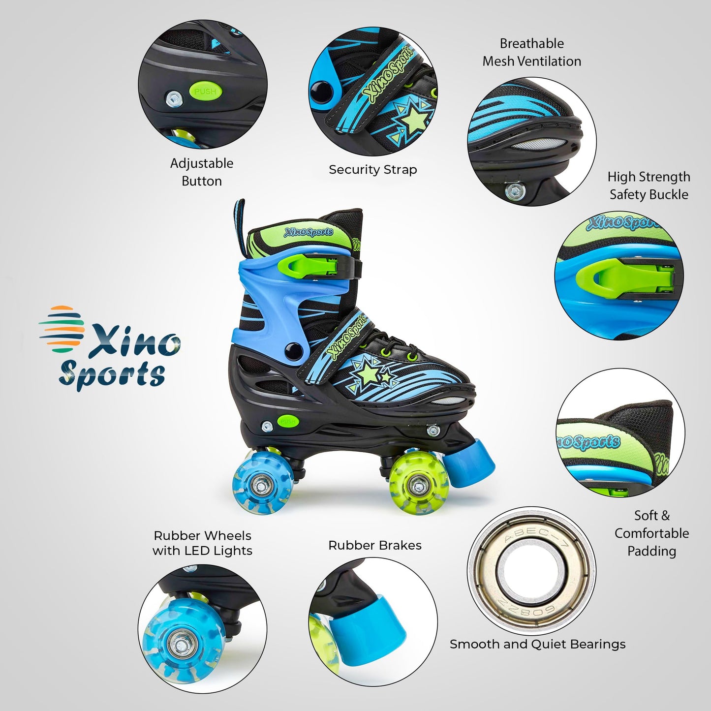 Xino Sports Adjustable Roller Skates for Kids - Pro Quality - Beginner Friendly with Illuminating LED Light-Up Wheels, Durable and Comfortable Design for Boys and Girls (Black, Medium 1-4)