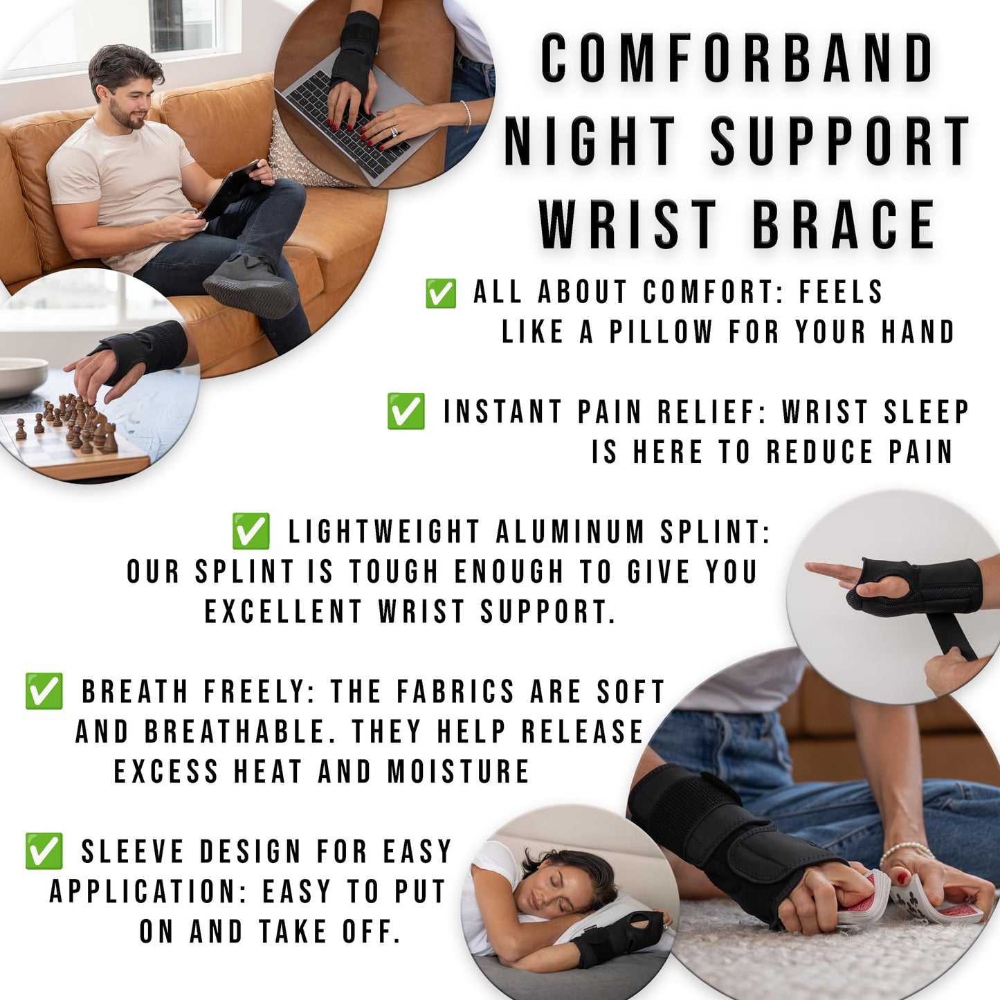 Comforband Night Sleep Wrist Brace – Adjustable, Cushioned Support for Carpal Tunnel, Tendonitis, and Arthritis Pain Relief – Fits Both Hands, One Size