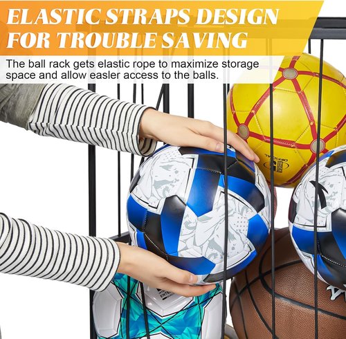 Hencawima Ball Storage Rack - Freestanding Sports Equipment Organizer for Garage & Gym | Black