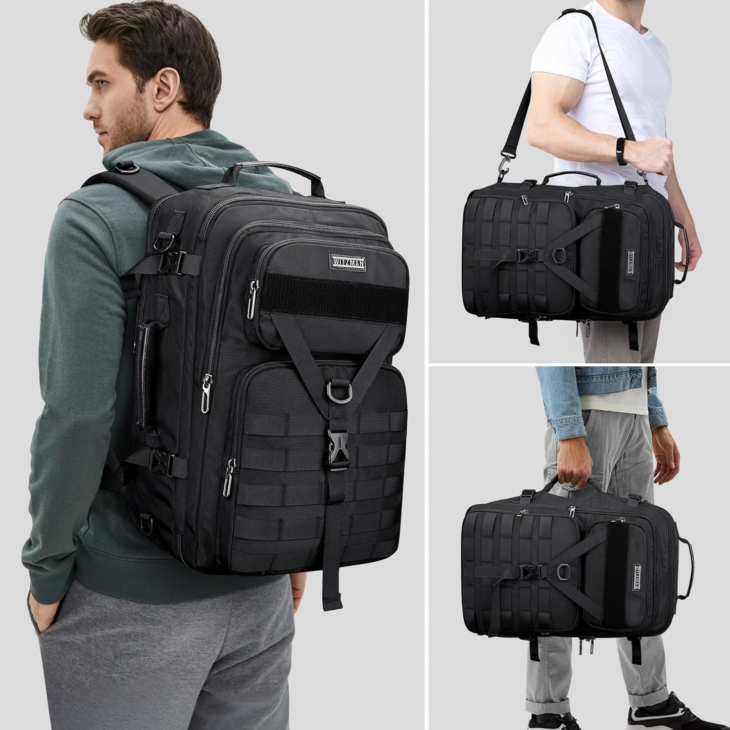 WITZMAN 45L Convertible Travel Backpack - Large 3-in-1 Design for 17-Inch Laptops | Airline Approved (B688 Black)