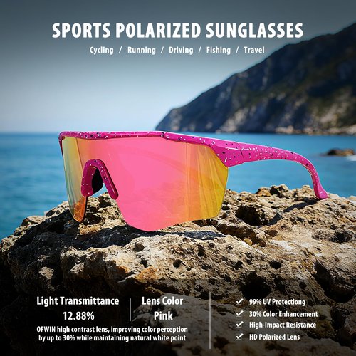 Ofwin Kids Sports Sunglasses for Boys Girls Polarized Youth Softball Baseball Sunglasses Cycling Running Age 5-15 Pink Frame/Purple Pink Mirror Lens