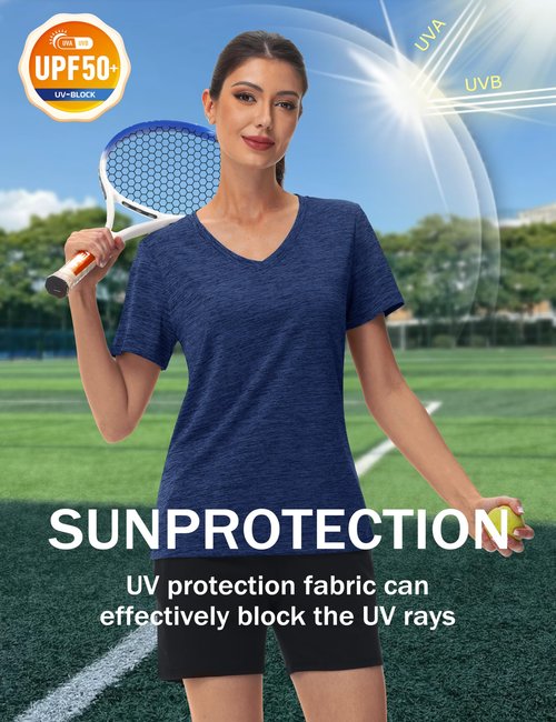 MAGCOMSEN Women's V Neck T Shirts Quick Dry Running Hiking Short Sleeve Golf Shirts, Dark Blue L