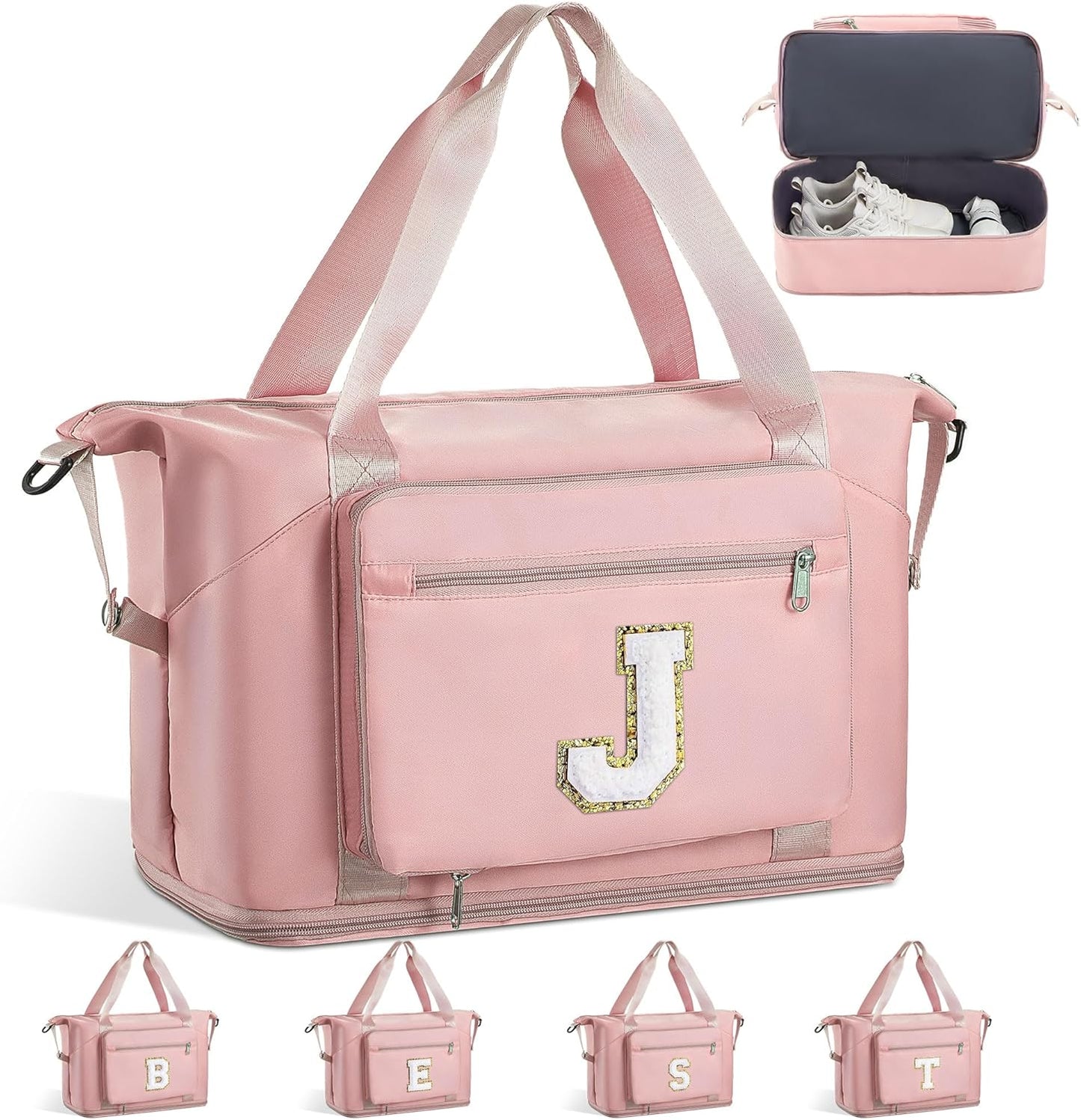 Skiennix Initial Duffle Bag - Trendy Travel & Gym Overnight Bag with Shoe Compartment | Pink J