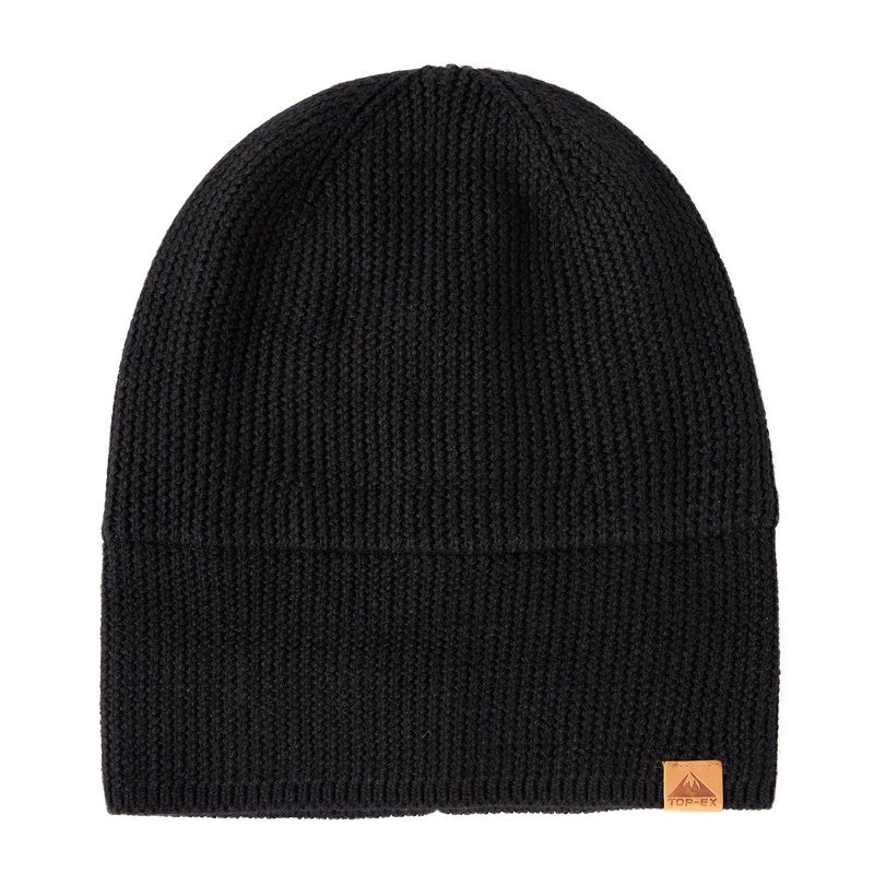 TOP-EX XL Winter Merino Wool Cuffed Beanie Hat for Men Women Warm Fleece-Lined Knit Skull Cap for Hiking Running Skiing Snow Thermal Hat for Cold Weather Extra Large for Big Head Black L/XL