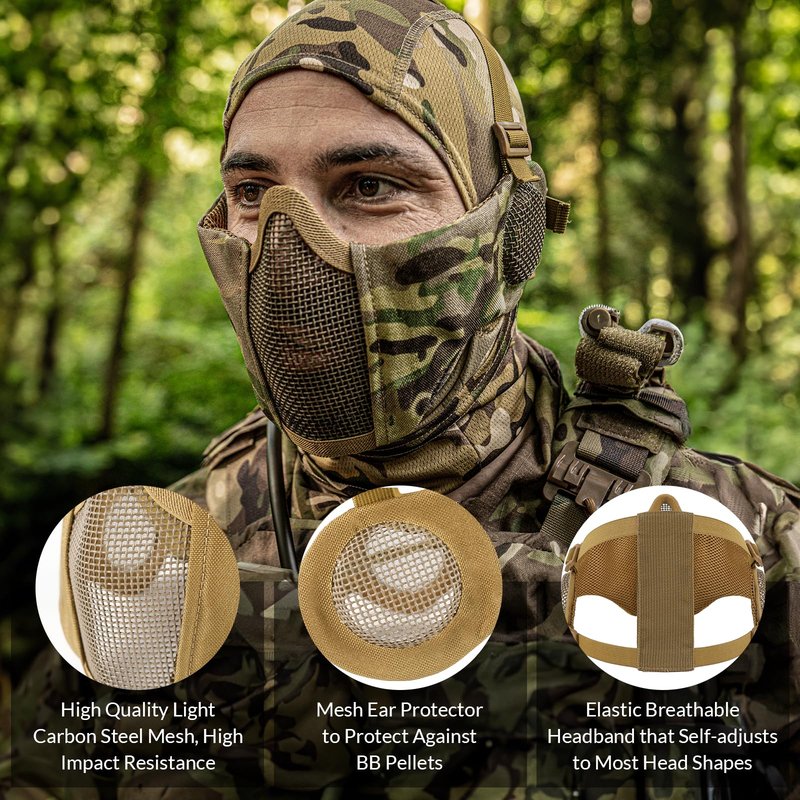Airsoft Mesh Mask, Tactical Foldable Half Mesh Mask with Ear Protection, Adjustable Military Mesh Mask Lower Face Protective Mask for Airsoft Paintball Shooting Cosplay CS Game (Coyote Brown)