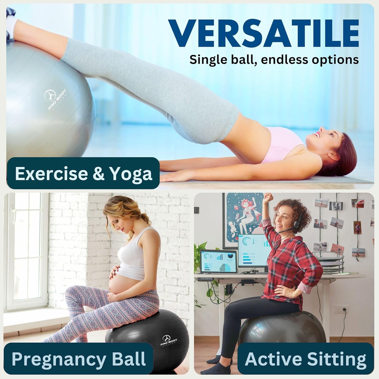ProBody Pilates Yoga Ball Chair - Exercise Ball with Base for Home Office & Workout | Stability Seat for Back & Abs