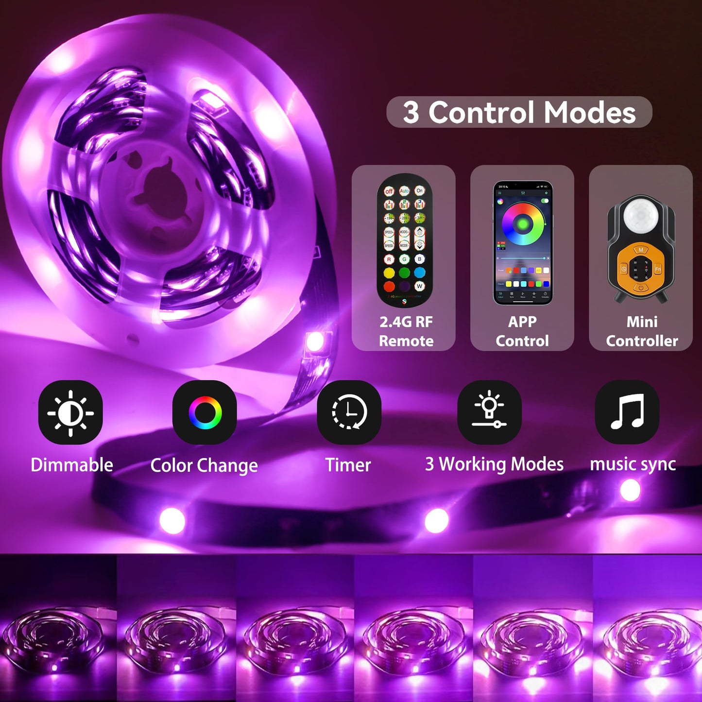 Motion Sensor LED Light Strip 19.68ft Under Bed Lights, RGB 3 Mode Motion Activated Bed Light with Music Sync and Timer, Dimmable Color Changing LED Lights