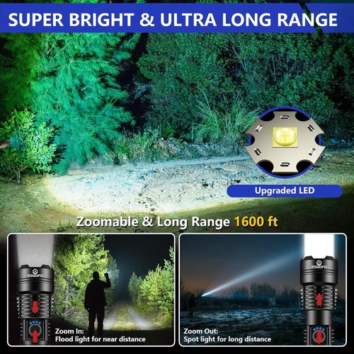 Esgofo High Lumens 100000 Rechargeable Flashlight - Super Bright LED, Waterproof, Ideal for Hiking & Camping