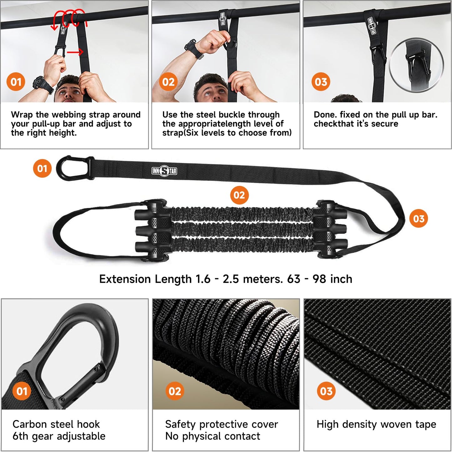 Innstar Pull Up Assistance Bands, Heavy Duty Resistance Band for Pull Up Assist, Adjustable Resistance 165-265lbs with Fabric Feet/Knee Rest, Pull Up Bands Assistance Bands (Upgrade Black 165lbs)