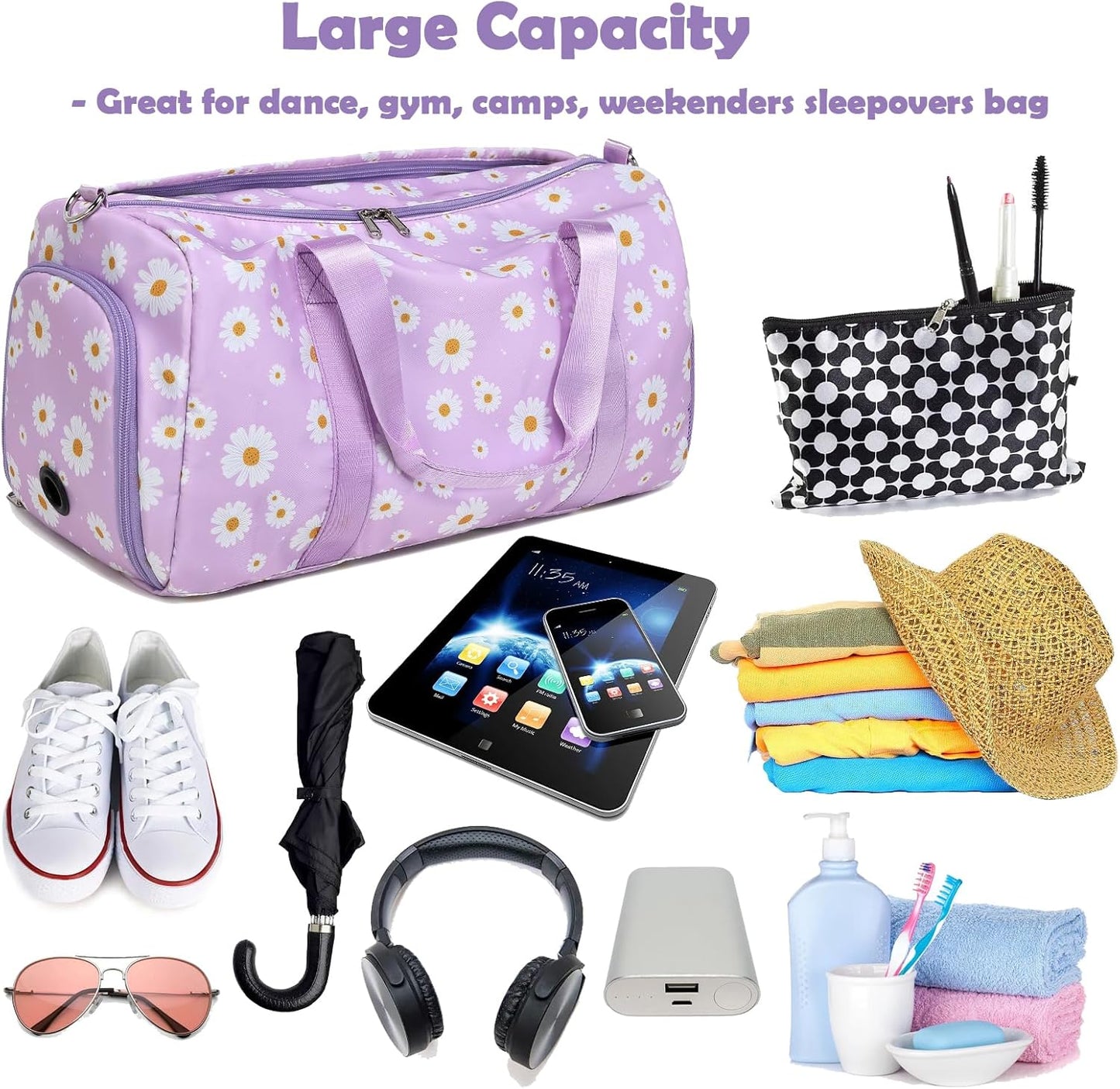 Skiennix Duffle Bag - Purple Daisy Dance & Gym Bag with Wet & Shoe Compartments | Perfect for Sleepovers & Travel