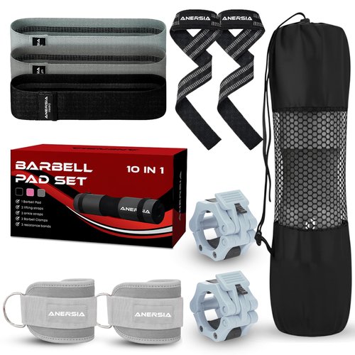 ANERSIA 11-Piece Barbell Pad Set – Squat Cushion for Hip Thrust, Resistance Bands, Ankle Straps, Weightlifting Straps & Barbell Clips – Grey – Complete Workout Kit for Men & Women