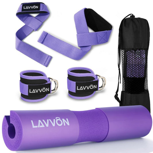 Squat Pad Set - Foam Barbell Pad for Squats Cushion, Lunges & Bar Padding for Hip Thrusts -Standard Olympic Weight Bar Pad,Gym Accessories for Women(Ankle Straps,Wrist Straps for Weightlifting)(Purple)