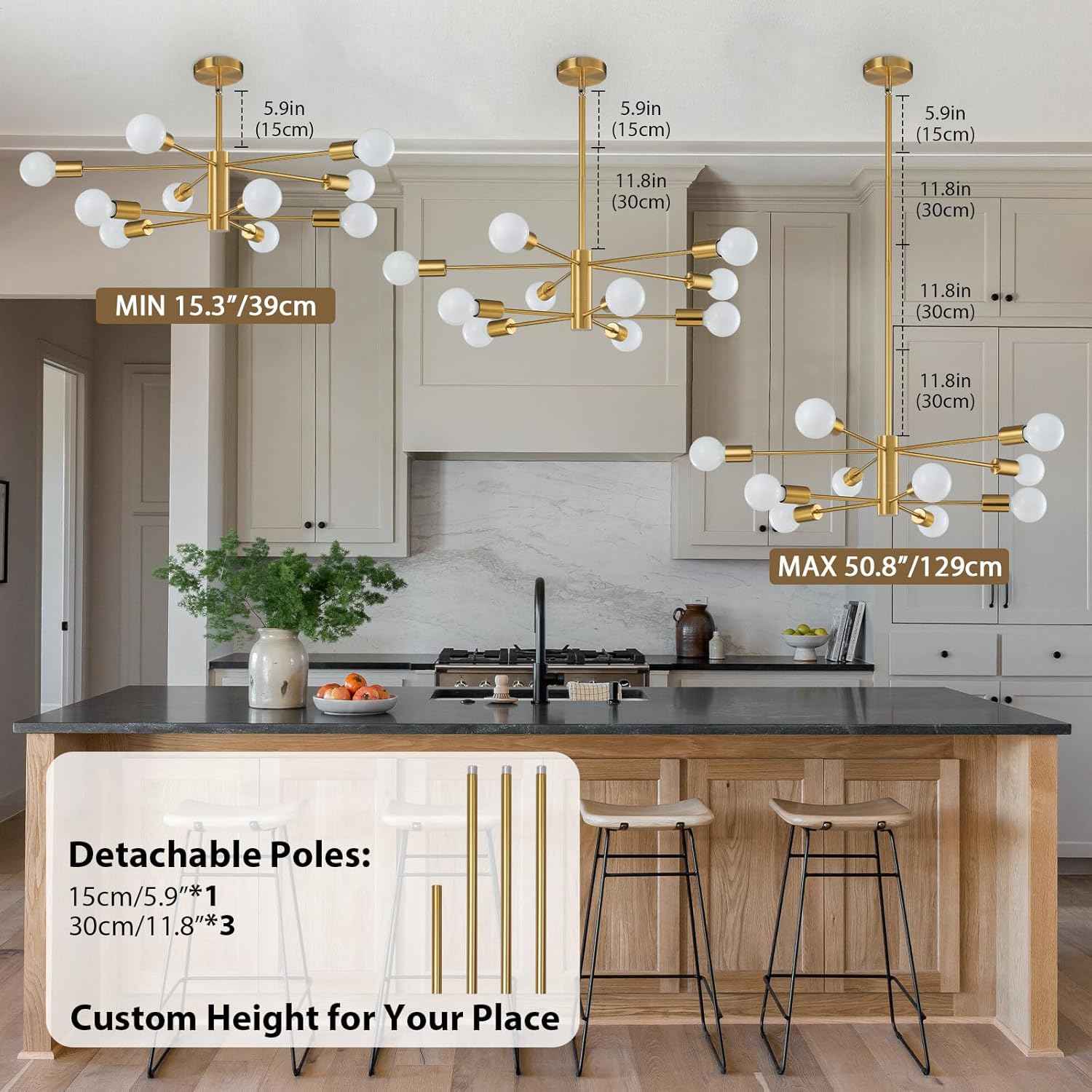 8-Light Gold Sputnik Chandelier - Modern Adjustable Ceiling Light for Dining Room, Kitchen & Foyer