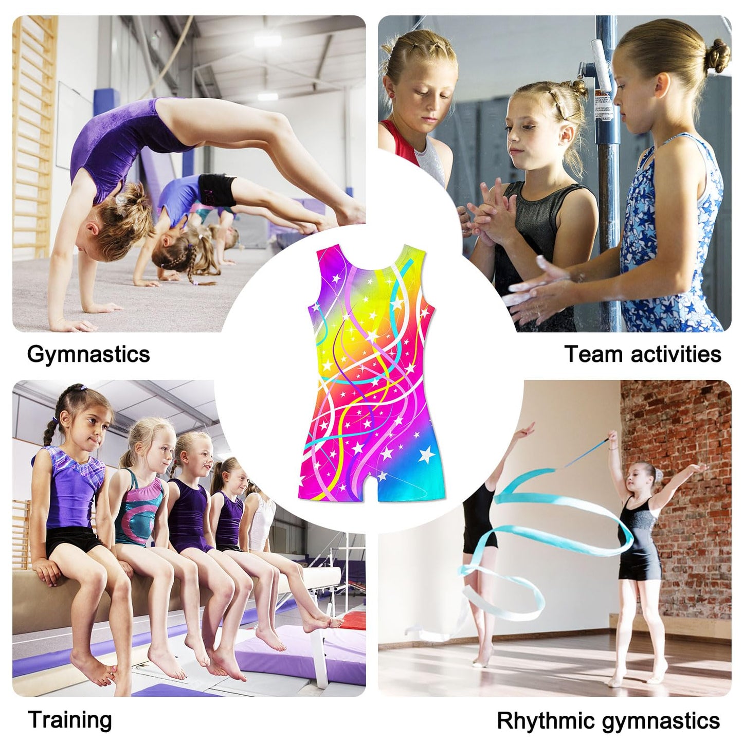 Funnycokid Gymnastics Leotards for Girls Kids Outfits Sparkly Unitards Clothes with Shorts, Gymnastics Ribbons, 6-7 Years