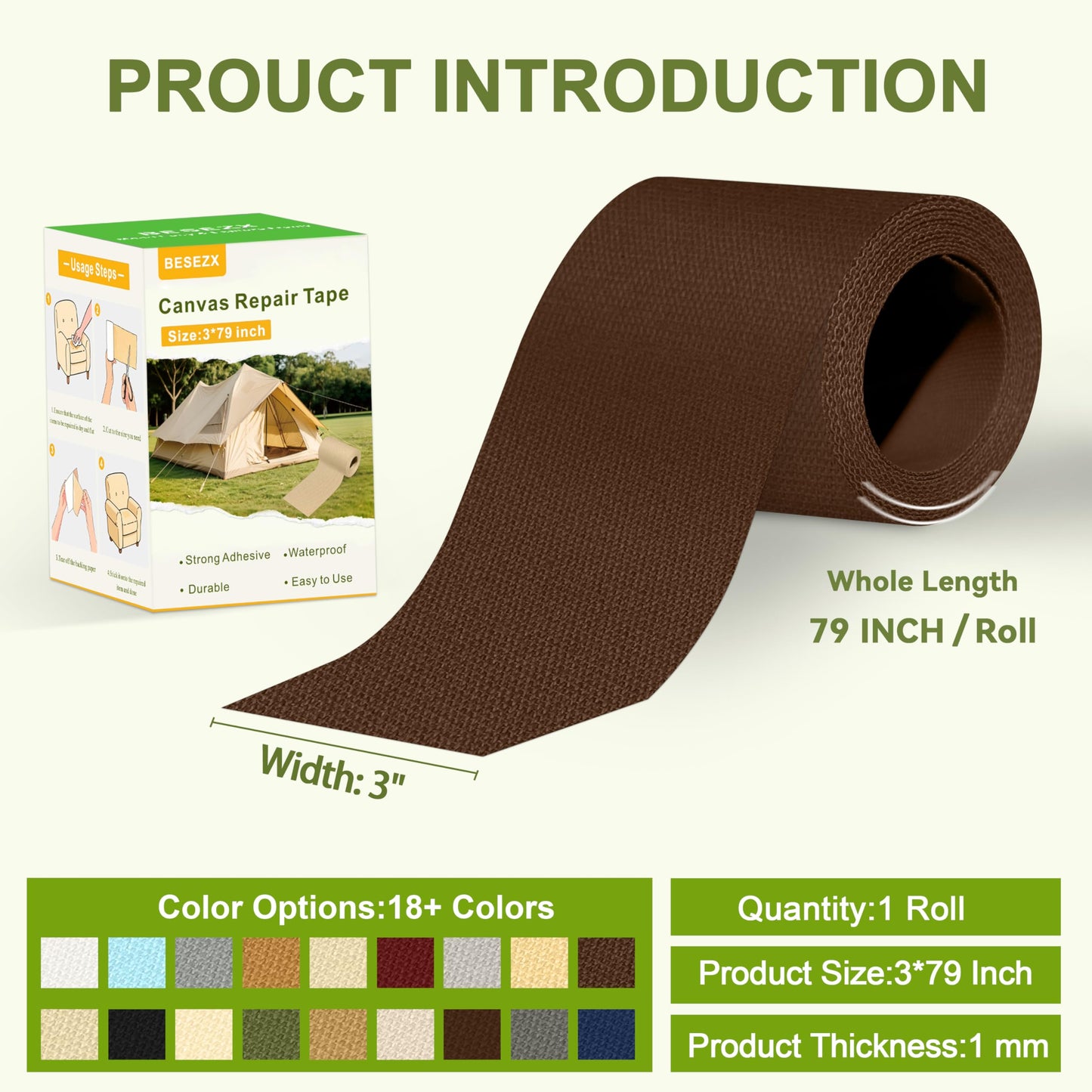Besezx Canvas Repair Tape,Outdoor Gear Patch, 3x79 Inches,Waterproof Self-Adhesive Fabric Repair Tape for Repairing Boat Covers,Sun Shades,Sofas,Tents,Lounge Chairs,Awnings (Brown)