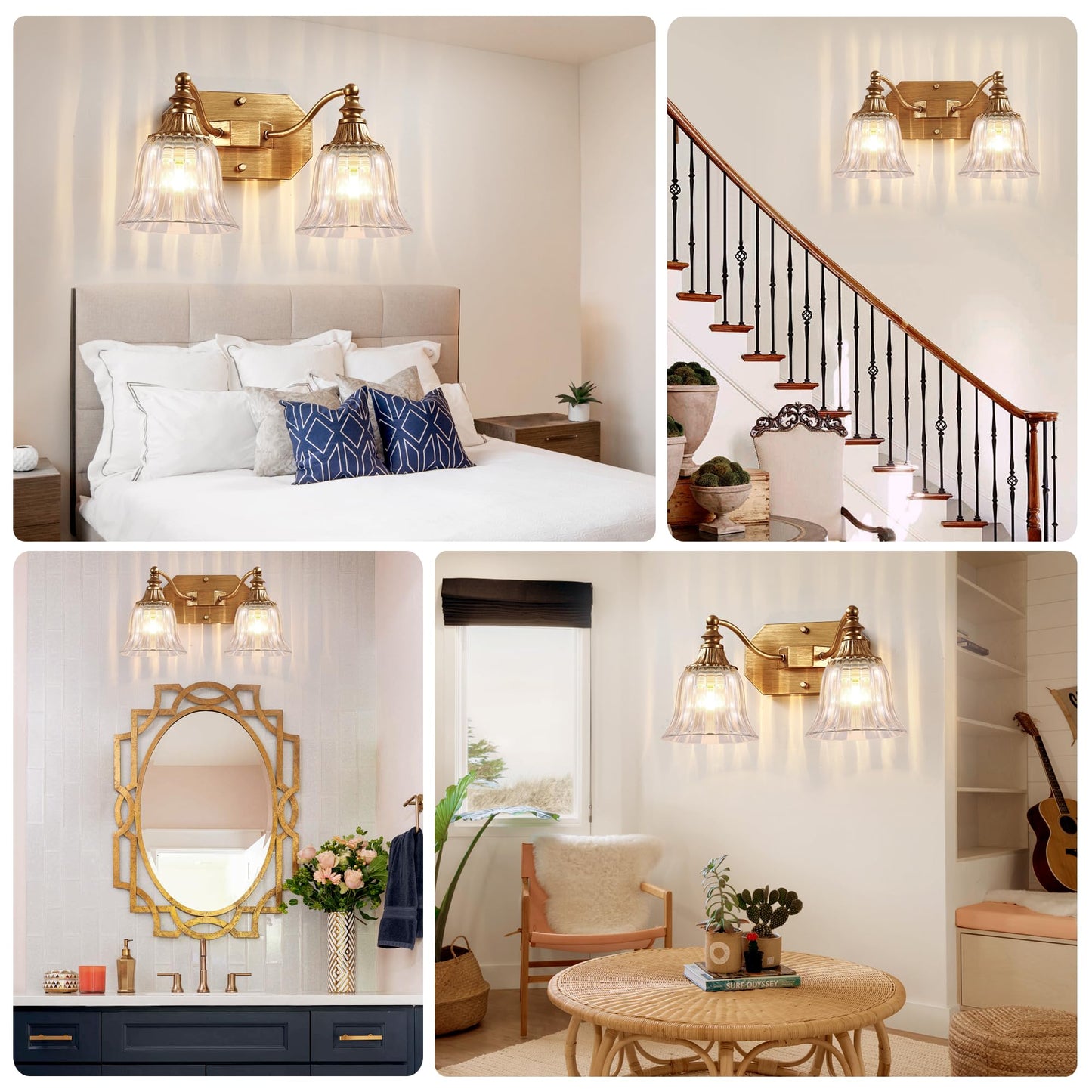 DvmTeom Gold Vintage Bathroom Light Fixtures, 2-Lights Bathroom Vanity Light, Antique Brushed Gold Lighting Fixtures Over Mirror with Crystal Glass Shade, Wall Sconce Lighting