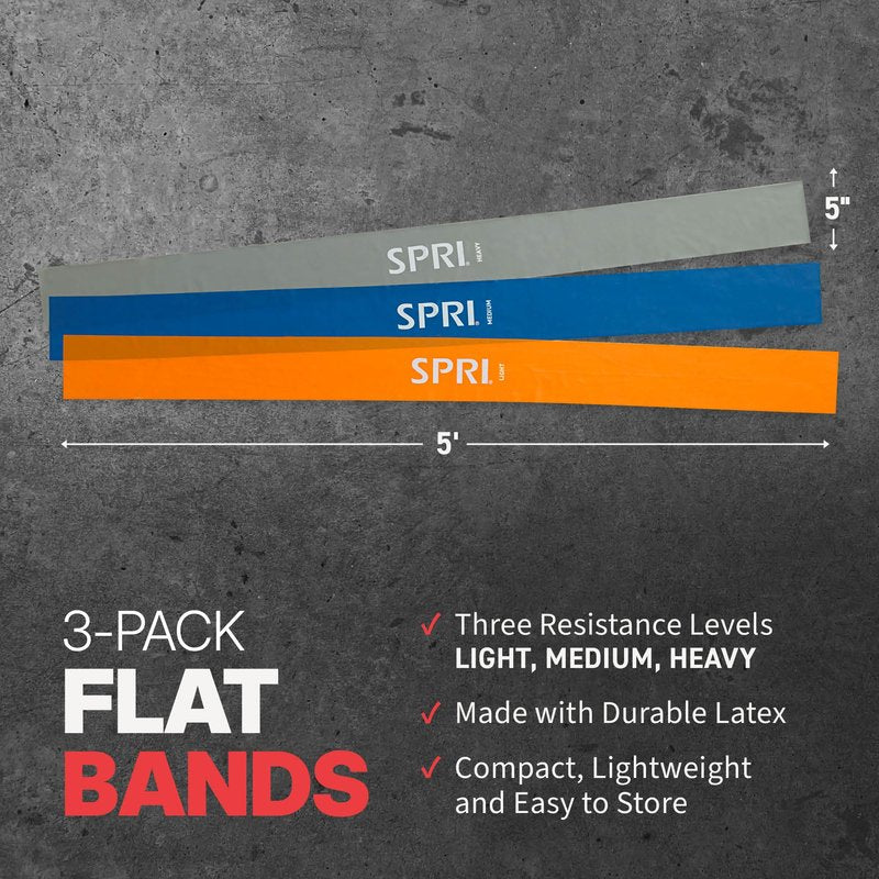 SPRI Flat Bands 3-Pack - Resistance Band Kit Set with 3 Levels of Resistance - Exercise Bands for Strength Training, Flexibility, & Body Workout - Versatile Fitness Tool - Light, Medium, and Heavy