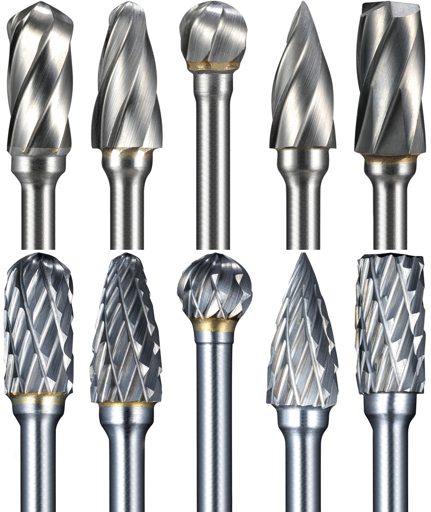 Sworker 10 Pcs Carbide Burr Set 1/8" Shank Compatible with Dremel Bits Double Cut and Aluminum Cut (Wide-Flute Cut) Rotary Tools Attachment Kit Rasp Metal Wood Stone Steel Grinding Carving Cutting