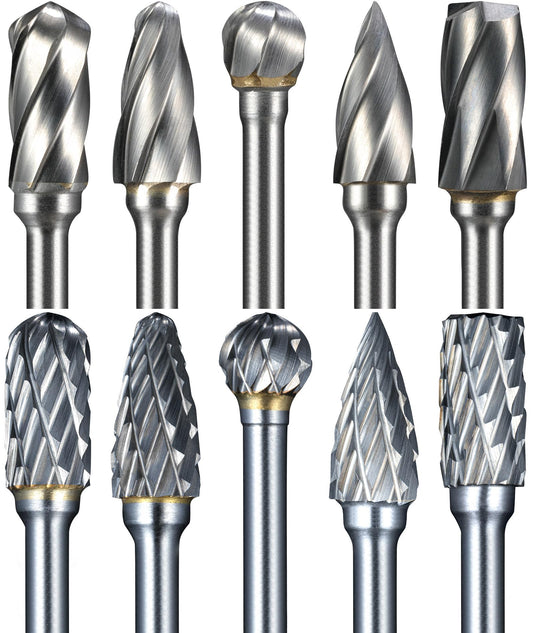 Sworker 10 Pcs Carbide Burr Set 1/8" Shank Compatible with Dremel Bits Double Cut and Aluminum Cut (Wide-Flute Cut) Rotary Tools Attachment Kit Rasp Metal Wood Stone Steel Grinding Carving Cutting