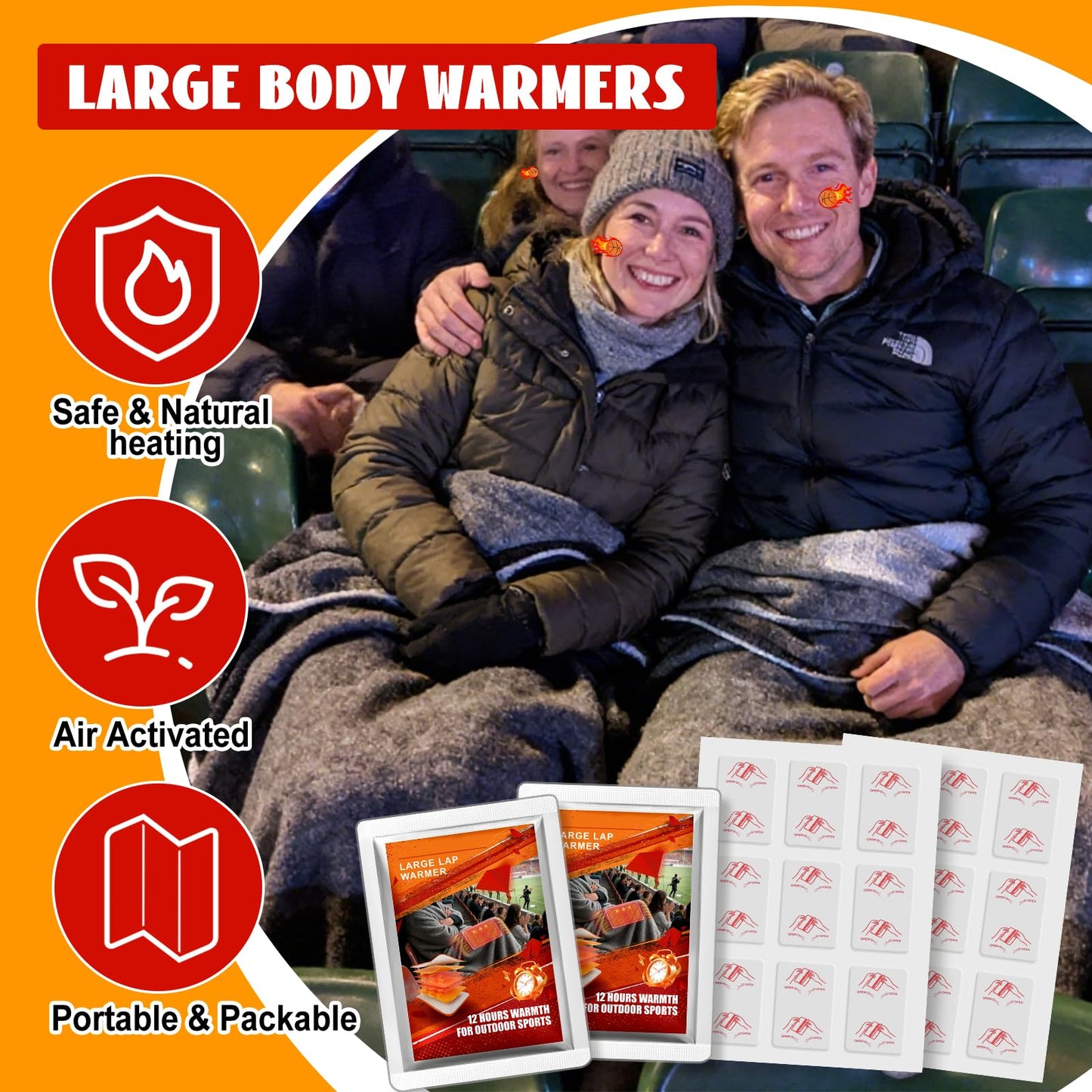 16" x 12" Extra Large Lap Warmers, Up to 12 Hours of Long Lasting Heat, Disposable Body Warmers for Football Games, Camping, Cold Weather and Temporary Emergency, Single Use, Air Activated – 6 Pack