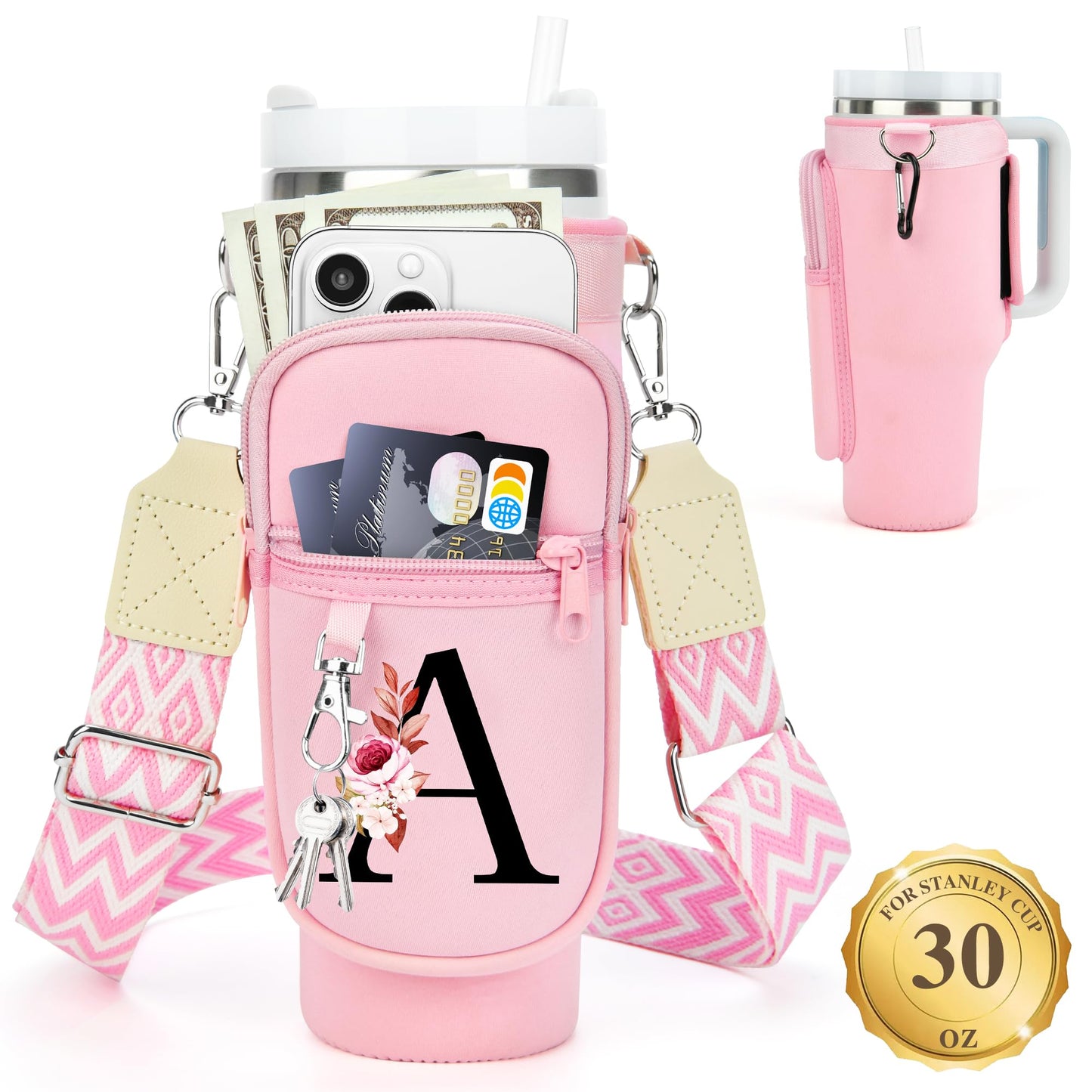 LOKASS Personalized for Stanley Cup Accessories 30oz, Initial Stanley Cup Holder with Strap, Cup Carrier Bag Water Bottle Holder with Phone Pocket Gifts for Women,Girls,Travel,Walking,Work