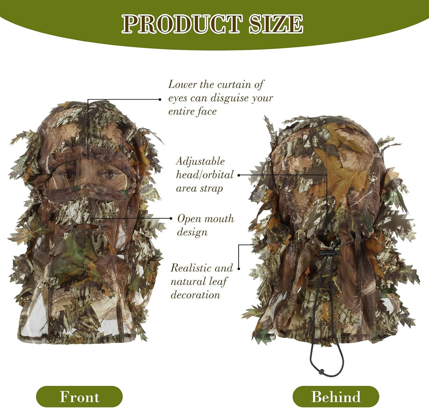 Sintege 3D Camo Turkey Hunting Gear - 3-Piece Leafy Face Mask & Hat Set for Full Coverage
