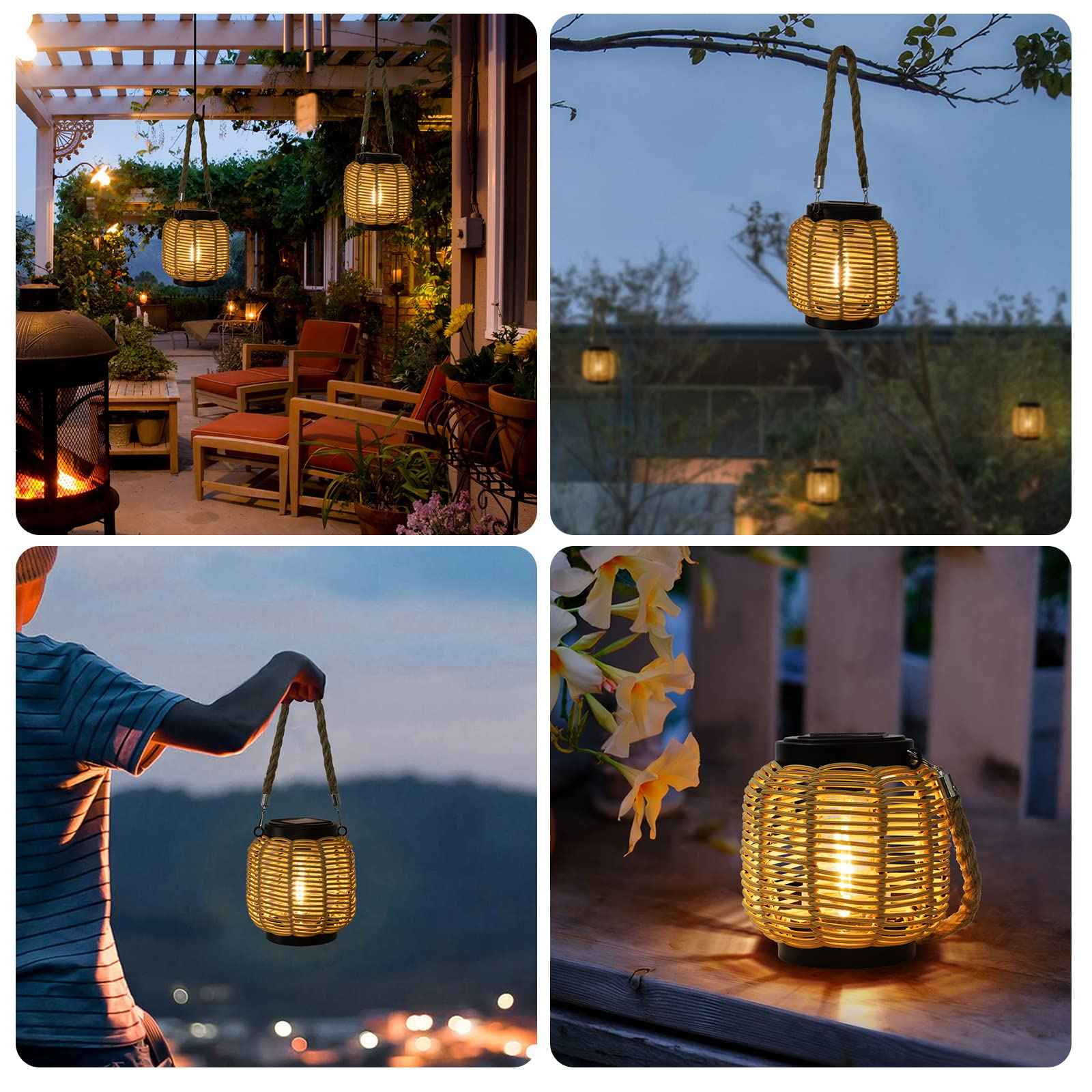 Livinlarge Solar Rattan Lantern with Twine Handle - Outdoor Waterproof Solar Lanterns for Table, Deck, Yard, Patio, Walkway, Porch & Home Decor