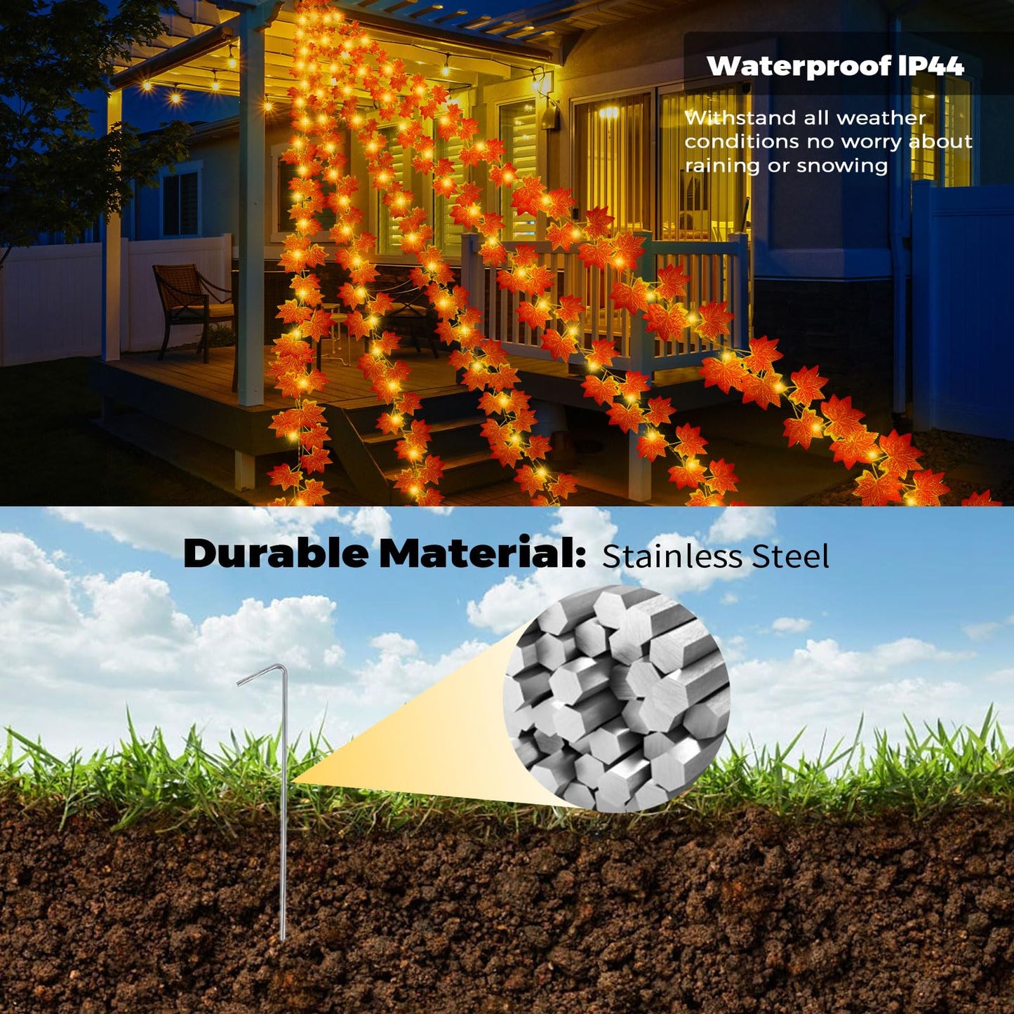 13.5FT*5 Branches Maple Leaf with Fairy Lights, Solar Powered Autumn Fall Decor String Lights, 8 Modes Waterproof Triangular Thanksgiving Decorations for Eaves, Tree, Patio, Garden, Yard (Maple Leaf)