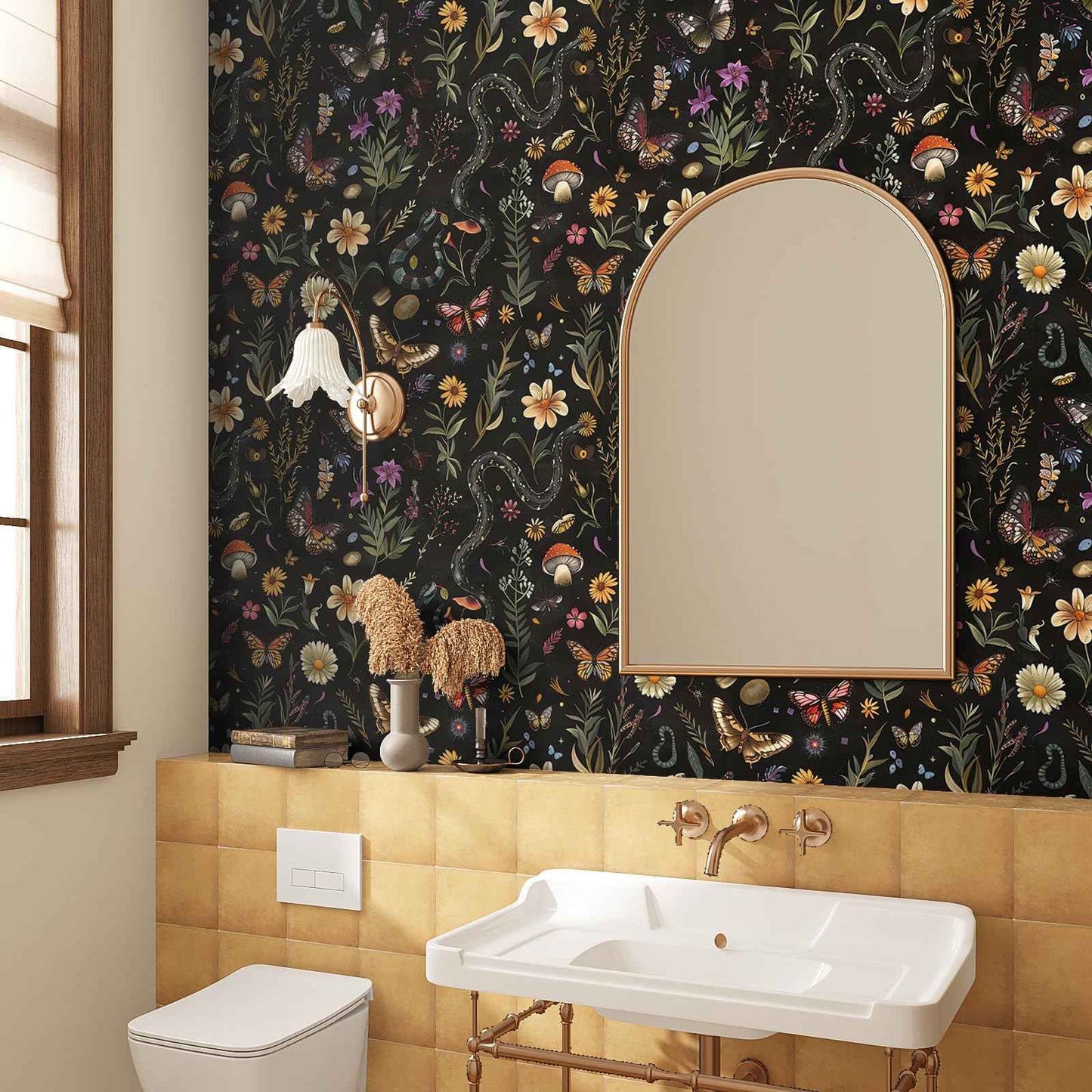VEELIKE Midnight Forest Wallpaper Peel and Stick Snake Butterfly Floral Wallpaper for Bedroom Bathroom 17.7''x118'' Black Botanical Wall Mural Removable Self Adhesive Floral Contact Paper for Cabinets