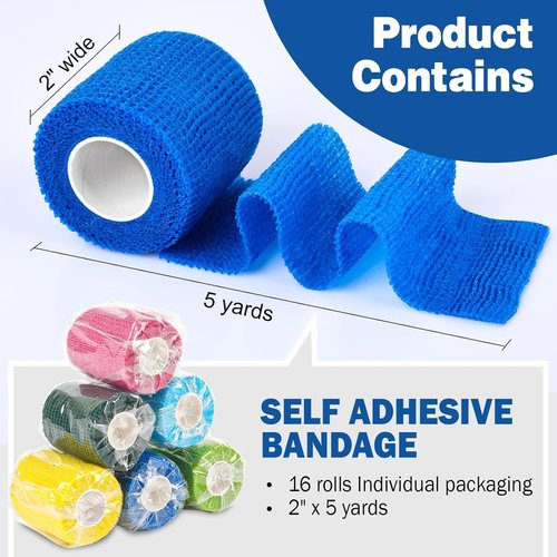 AZEN Self-Adhesive Bandage Wrap - 16 Pack, 2" x 5 Yards, Elastic Cohesive Athletic Tape