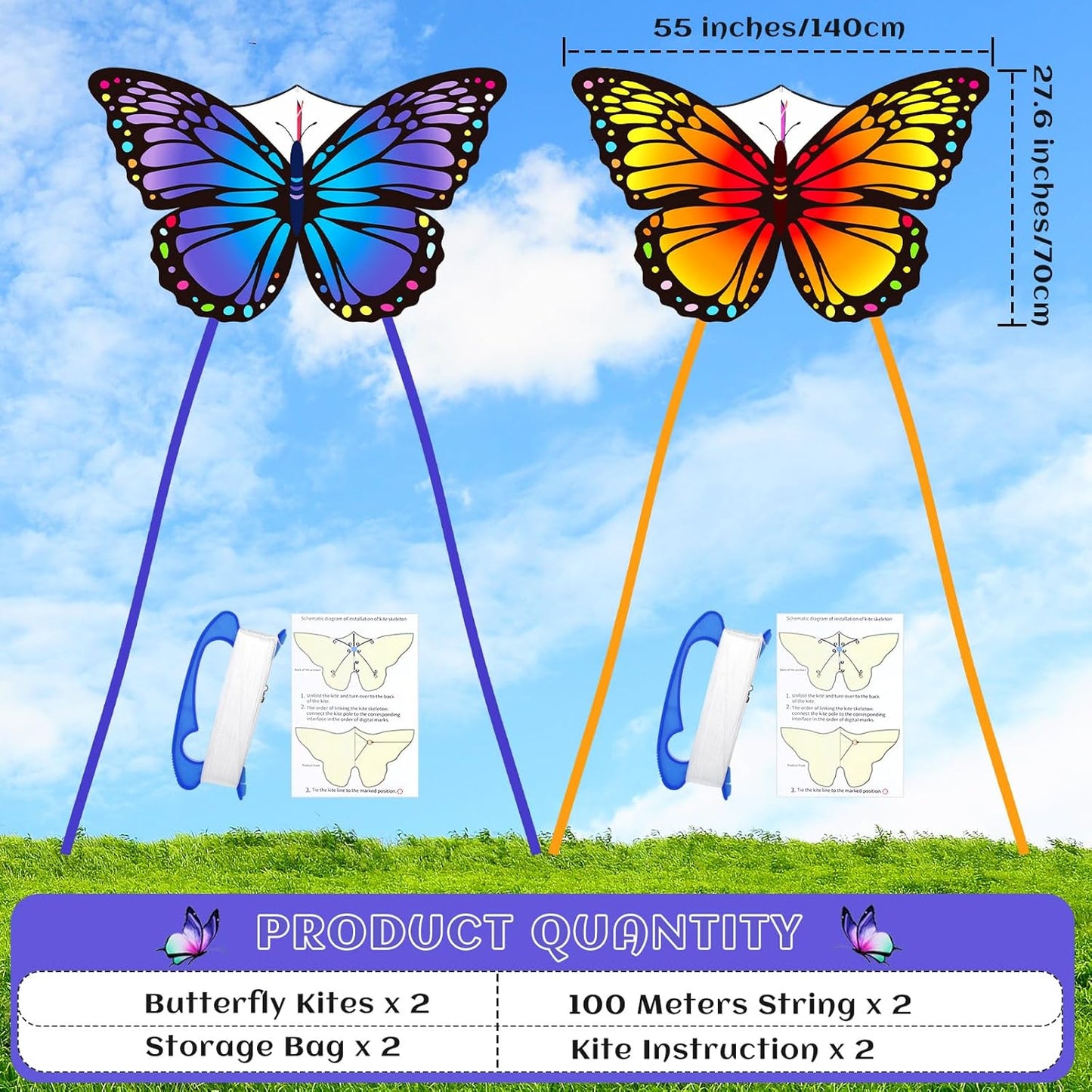 Silipull Butterfly Kites - Large 55"x28" Colorful Kites with 328ft String for Adults & Beginners | Purple & Orange