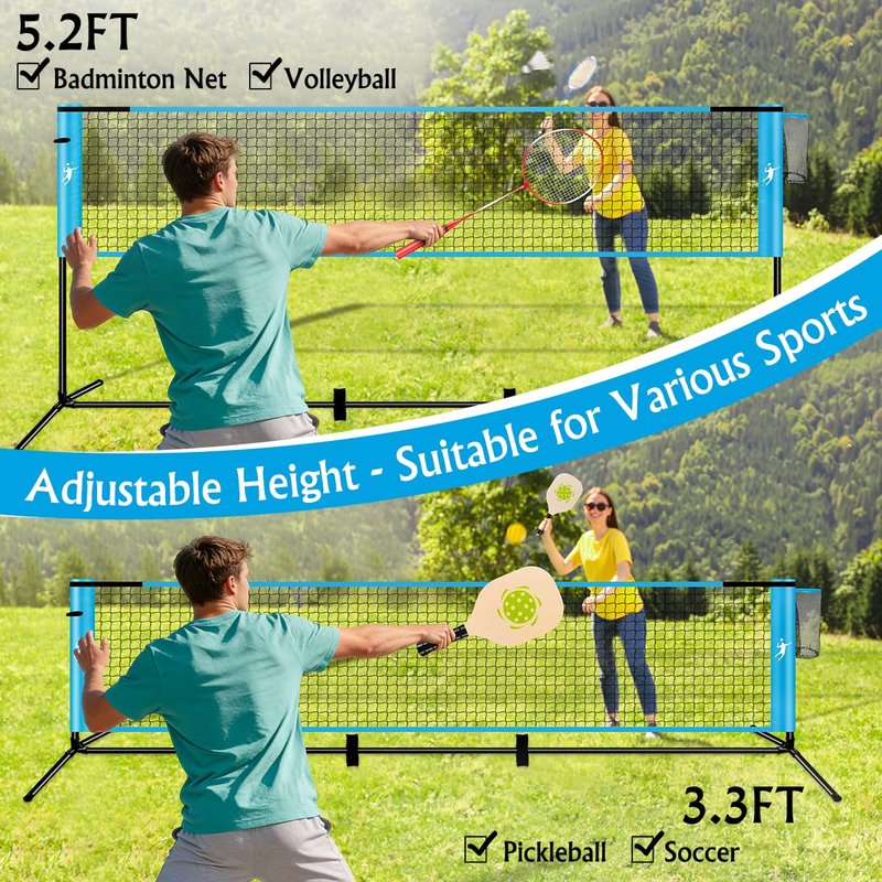 Pickleball Badminton Net Set for Backyards, All-in-One Portable Volleyball Combo Set with Adjustable Net, Volleyball Pickleball Paddles & Badminton Rackets for Indoor Outdoor