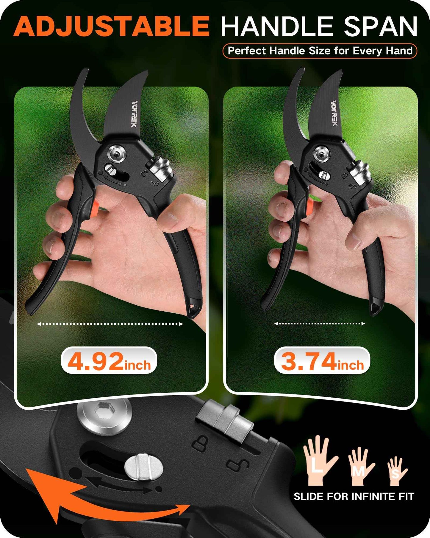 VOTREK 8.5" Pruning Shears for Gardening, 【Unique Stepless Handle Opening】Professional Bypass Garden Clipper for All Hands, SK5 Steel Blades, Heavy Duty Ergonomic Plant Pruners for Branch