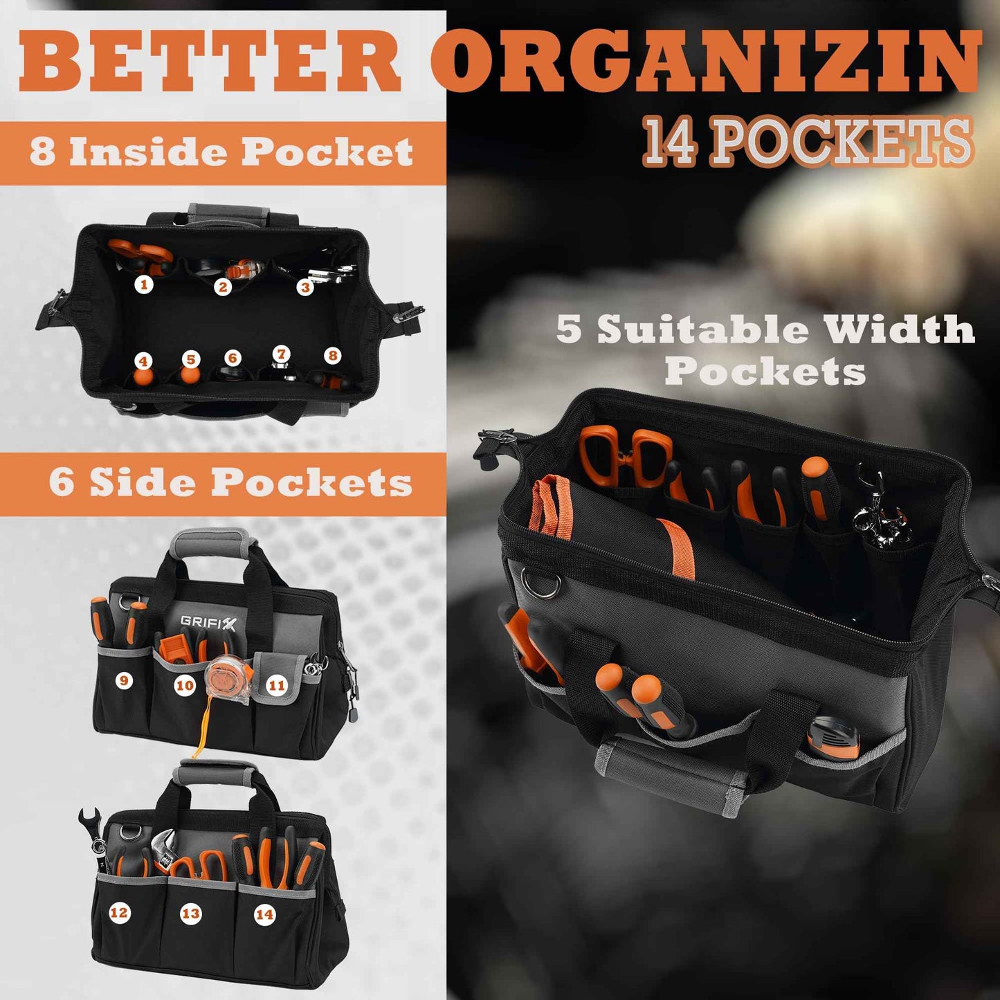 GRIFIX 14-inch Tool Bag, Portable Tool Box Organizer Storage, Wide Mouth Tool Tote Bag with Large Zipper, 14-Pocket Adjustable Shoulder Strap and Ergonomic Handle (14" Standard Base)