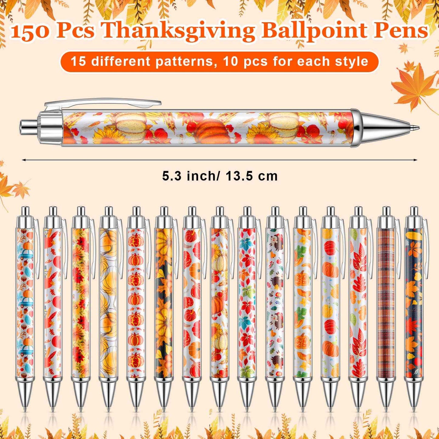 Resurhang 150 Pcs Thanksgiving Ballpoint Pens Bulk Fall Themed Pen 0.5 mm Autumn Maple Leaf Pumpkin Harvest Style Retractable Black Ink Pens Thanksgiving Party Favor Pen for Kid School Office Supplies
