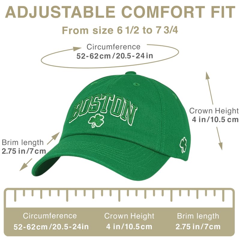 E BY ELIDAN Boston Shamrock Embroidered Cotton Baseball Cap – Classic Dad Hat with 3 Leaf Clover Design, Adjustable Metal Buckle Strap, Unstructured Low-Profile Style Kelly Green