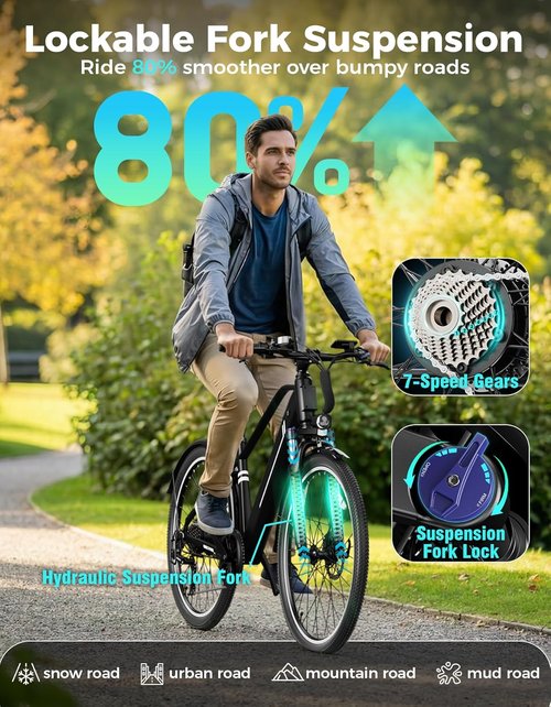 Jasion 26" Electric Bike - 1200W Peak Motor, Removable Battery, 3 Modes, 50 Miles Range, City Commuter