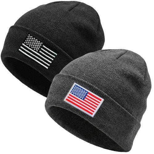 WTYPOPK American Flag Beanie for Men, 2 PCS American Flag Winter Hat, Unisex Tactical Beanie（Black and Grey）
