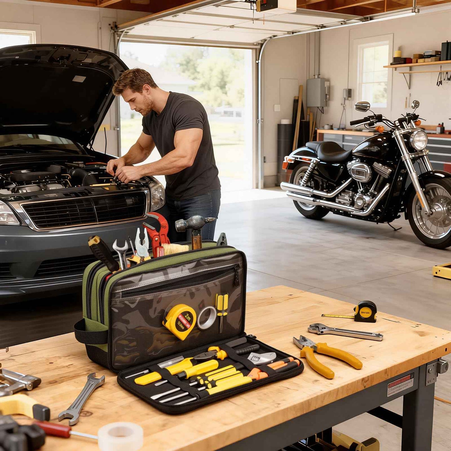 12-Inch Small Heavy Duty Tool Bag, 1680D Green Zippered Organizer with 3 Compartments & Multi-Pockets for Electricians, Mechanics, DIY, Grill & Camping Tools Storage, EDC Gear Utility Pouch