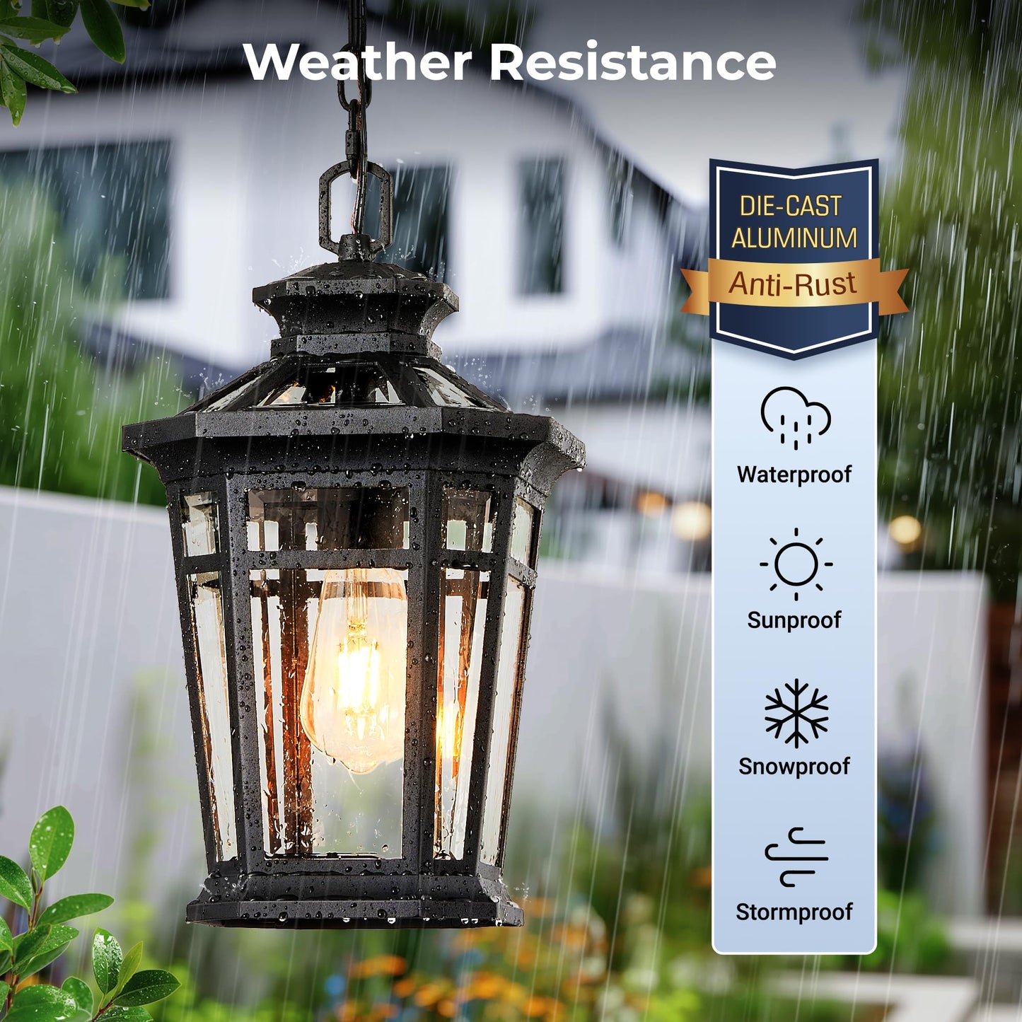 OPAXIS Large Outdoor Pendant Light Fixture, 16'' Black Exterior Hanging Lanterns with Adjustable Chain, Waterproof Outdoor Ceiling Lights for Porch, 100% Aluminum Exterior Chandelier for Gazebo, Patio