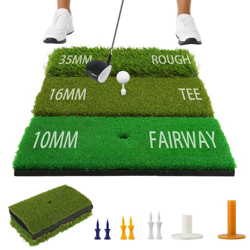 Jkwokback 3-in-1 Golf Hitting Mat | Turf Golf Practice Mat for Swing, Putting & Chipping | Portable Golf Mats Practice Indoor/Outdoor Golf Hitting Mat with 8 Tees Golf Training Mat