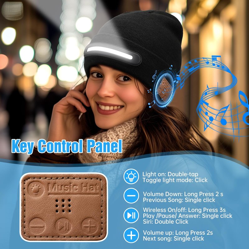 MUSIC Bluetooth Beanie Hat with LED Light for Men Women,Winter Warm Hat with 3-Modes Headlamp, Hands-Free Calling, Ideal Knitted Cap for Fishing Walking Shoveling Snow
