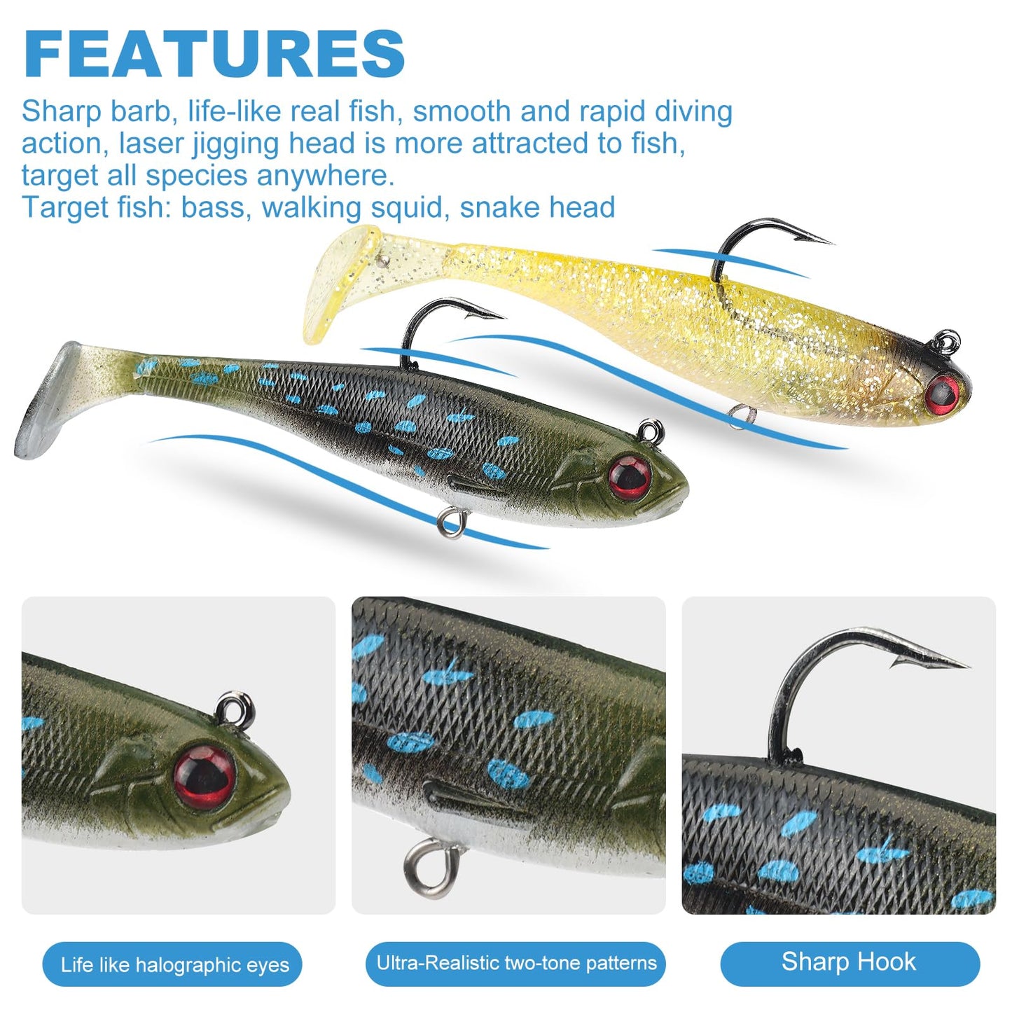 Gibtikoy 5 Pcs Pre-Rigged Soft Fishing Lures, 3.5In Paddle Tail Jig Heads Swim Bait, Realistic Movement Easy Catch Fishing jigs Lure, Fishing Baits for Freshwater Saltwater Bass Trout Baits