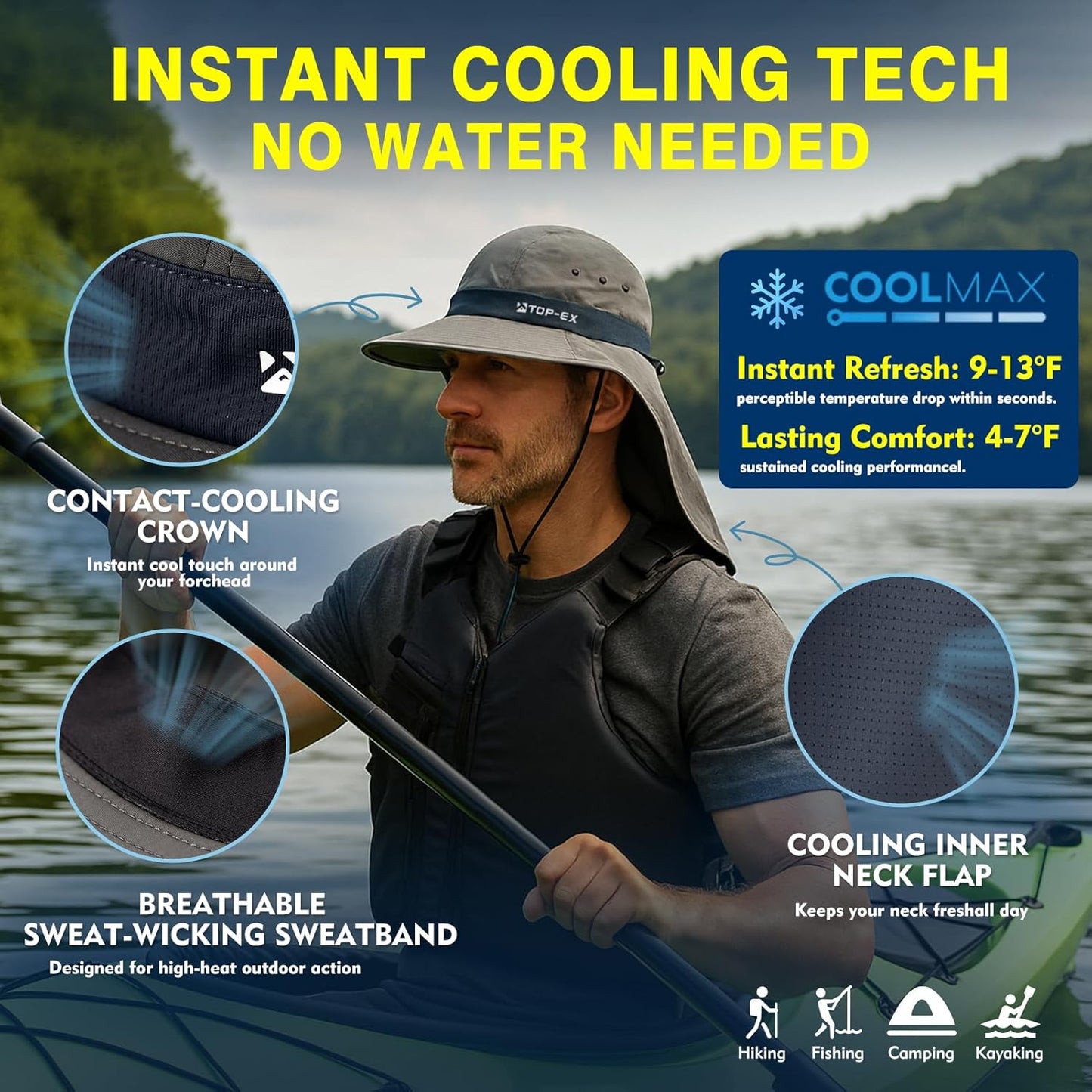 TOP-EX Cooling Sun Hat - UPF 50+ Wide Brim with Neck Flap for Hiking, Fishing & Comfort