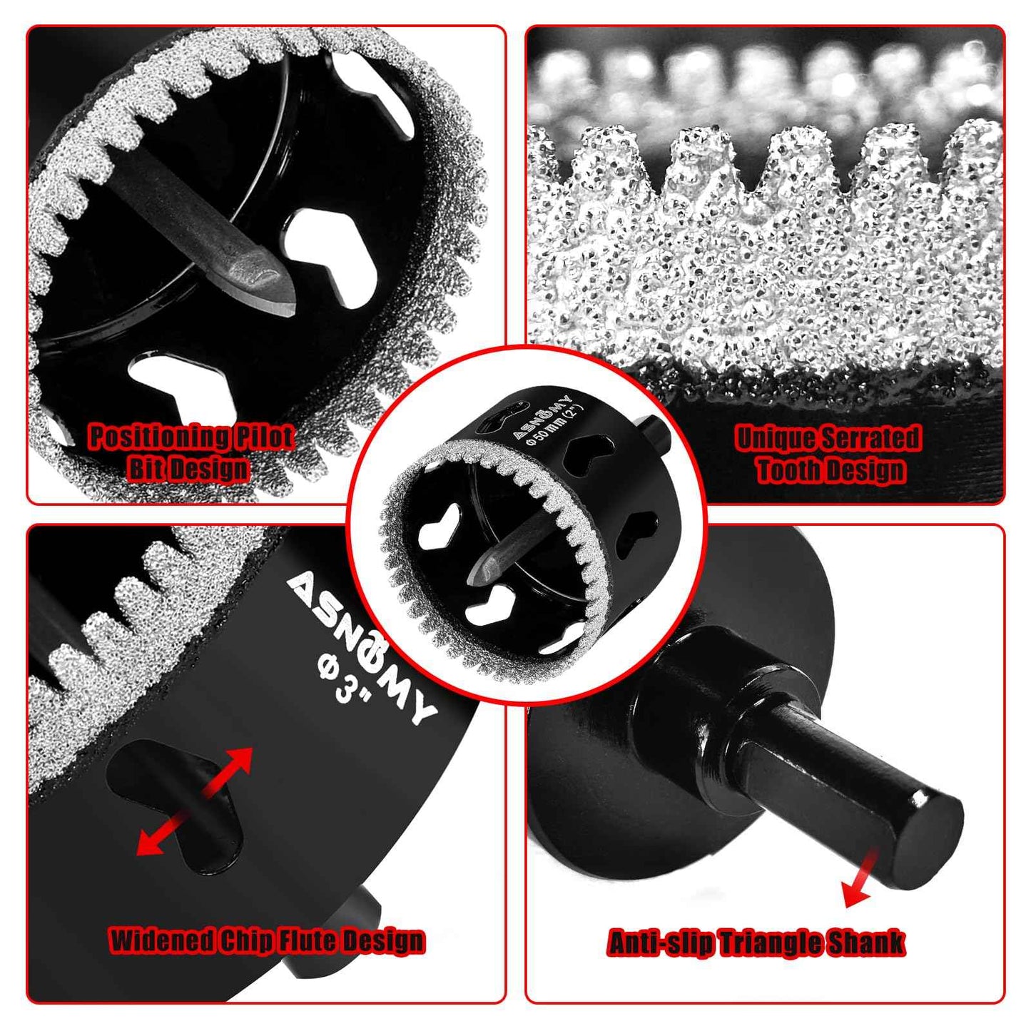 2-1/4 Inch Diamond Hole Saw with Pilot Drill Bit, 2-1/4" Serrated Brazing Tile Hole Saw Diamond Core Drill Bits with Guiding Bit for Ceramic Porcelain Tile Glass Stone Granite Marble