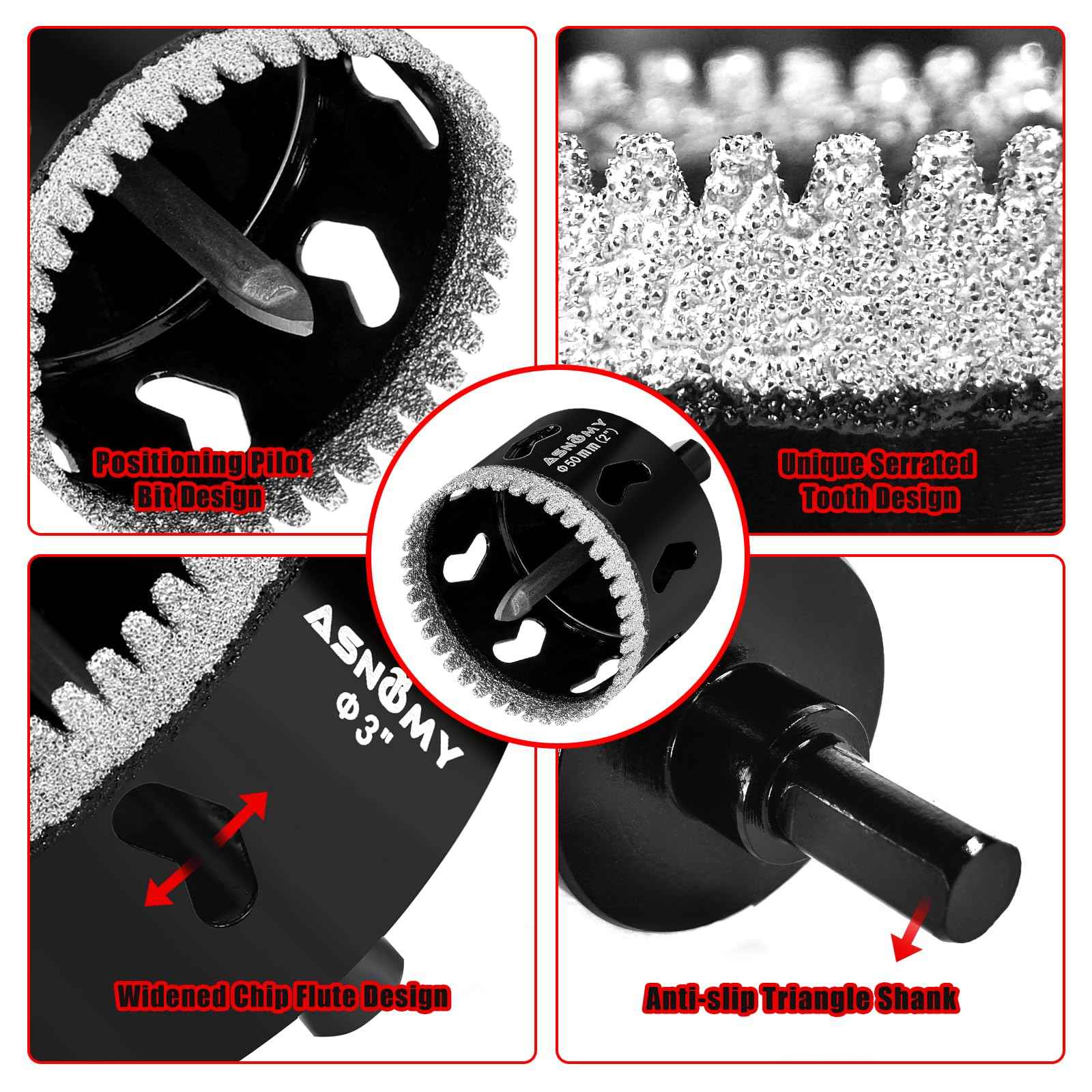 2-1/4 Inch Diamond Hole Saw with Pilot Drill Bit, 2-1/4" Serrated Brazing Tile Hole Saw Diamond Core Drill Bits with Guiding Bit for Ceramic Porcelain Tile Glass Stone Granite Marble