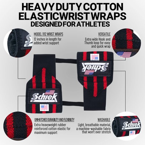 Schiek Sports Model 1112 Heavy Duty 12" Wrist Wraps - Black/Red
